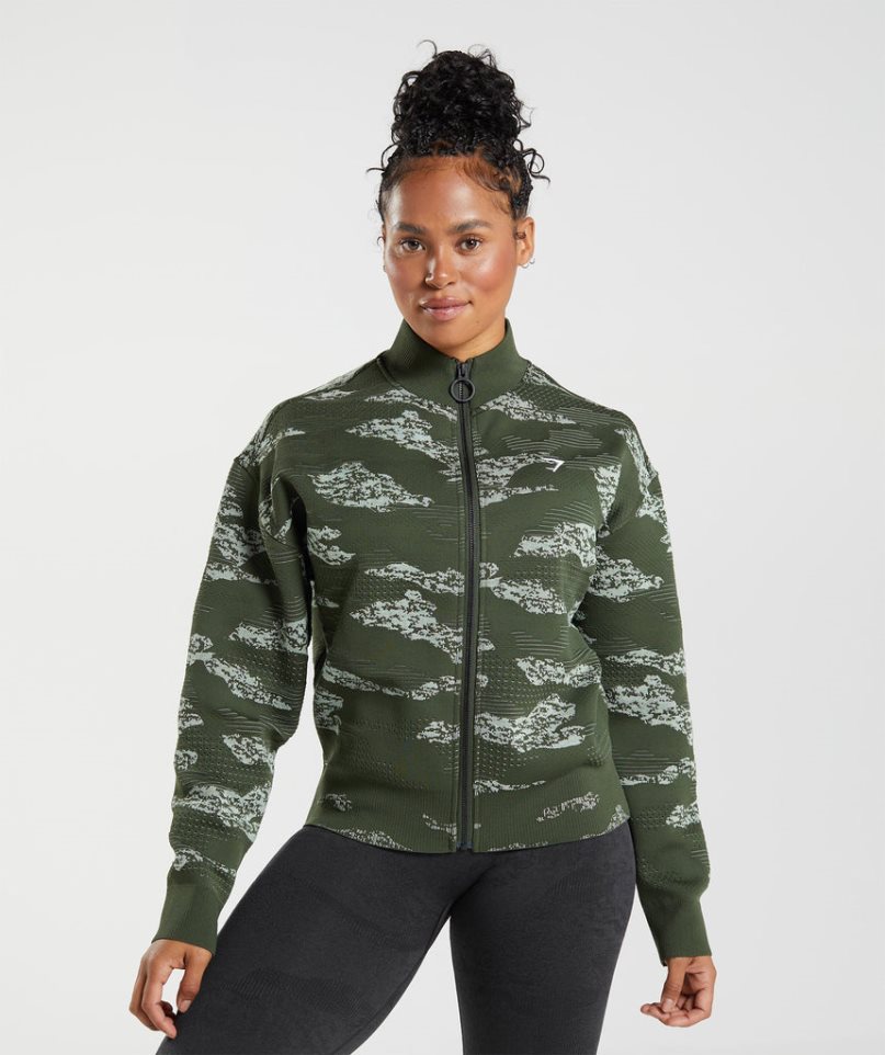 Women\'s Gymshark Adapt Camo Seamless Track Jackets Dark Green | NZ 7TWAXZ